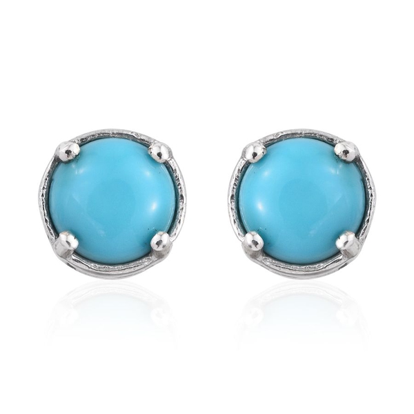 Arizona Sleeping Beauty Turquoise (Rnd) Stud Earrings (with Push Back) in Platinum Overlay Sterling 