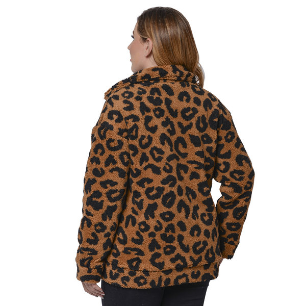 Leopard Pattern Faux Fur Coat with Pockets (Size S; 8-10)