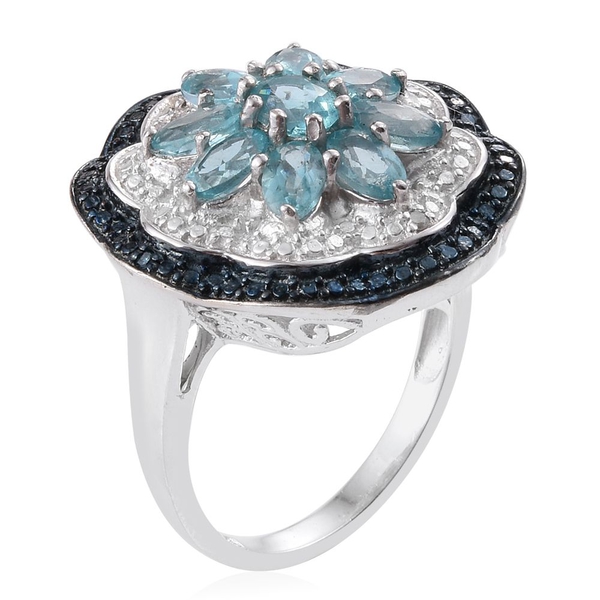 Paraiba Apatite (Ovl), Blue and White Diamond Floral Ring in Platinum Overlay Sterling Silver 2.500 Ct.