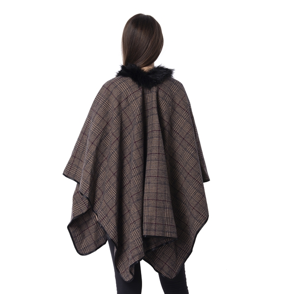 Black Brown and Red Colour Plaid Cape with Faux Fur Collar (Size 120x140 Cm)