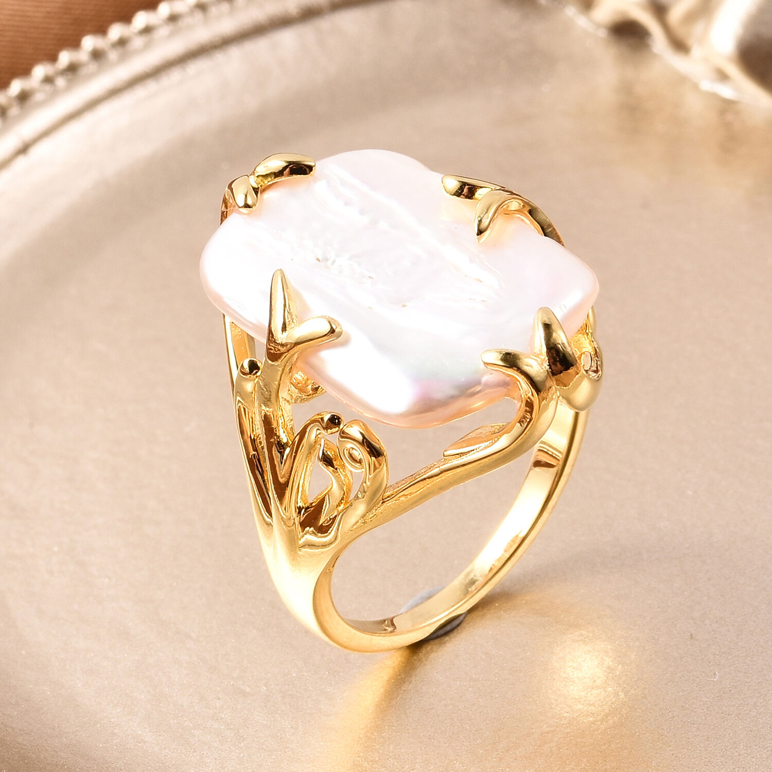 Purple Baroque Pearl Ring in Yellow Gold Overlay Sterling Silver, Silver wt 5.18 Gms