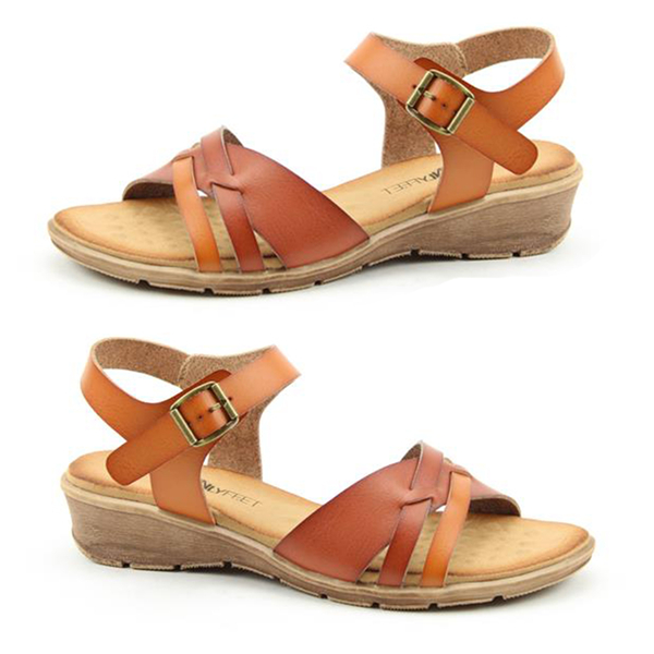 Heavenly Feet Iris Low Wedge Sandals with Adjustable Buckle Strap (Size 3) - Brown/Tan