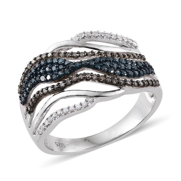 0.76 Ct Blue Diamond and Multi Gemstone Criss Cross Ring in Platinum Plated Silver 5.70 grams