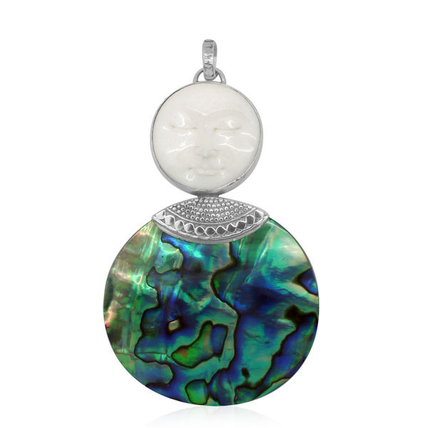 Princess Bali Collection OX Bone Carved Face (Rnd 12.00 Ct), Abalone Shell Pendant in Sterling Silve