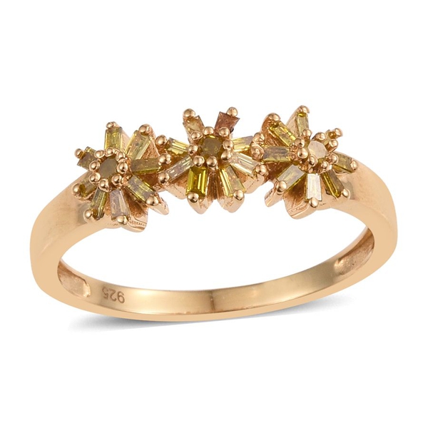 Very Rare Yellow Diamond (Rnd) Triple Floral Ring in 14K Gold Overlay Sterling Silver 0.340 Ct.