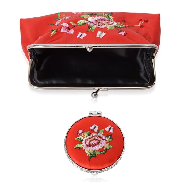3 Piece Set - Floral Embroidery Pattern Cosmetic Organiser (Includes Compact Mirror, Lipstick Case and Coin Purse) - Red