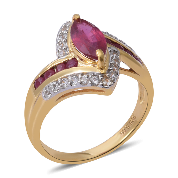African Ruby (Mrq), Natural White Cambodian Zircon Ring in 14K Gold Overlay Sterling Silver 2.150 Ct
