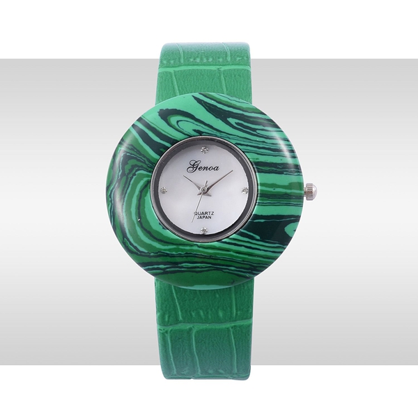 GENOA Japanese Movement Simulated Malachite, White Austrian Crystal Studded Water Resistant Watch with Stainless Steel Back and Green Strap 55.000 Ct.