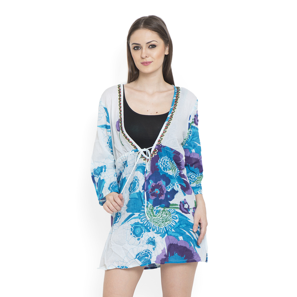 100% Cotton Turquoise and Multi Colour Flowers Embroidered White Colour Beach Cover up and Poncho (Size 75x50 Cm)