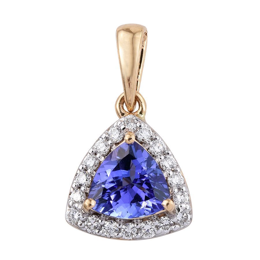ILIANA 18K Yellow Gold 1.25 Carat AAA Tanzanite Trillion Halo Pendant, Diamond SI G-H.