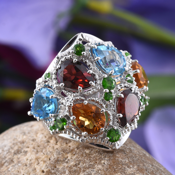 GP Electric Swiss Blue Topaz (Pear), Mozambique Garnet, Citrine, Chrome Diopside and Kanchanaburi Blue Sapphire Ring in Platinum Overlay Sterling Silver 8.200 Ct.