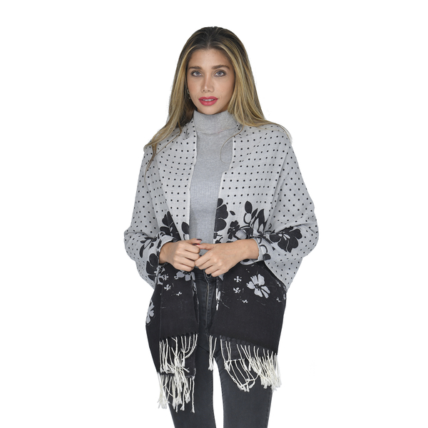 La Marey 100% Merino Woollen Floral and Dots Pattern Scarf (Size 170x66 Cm) - Grey & Black