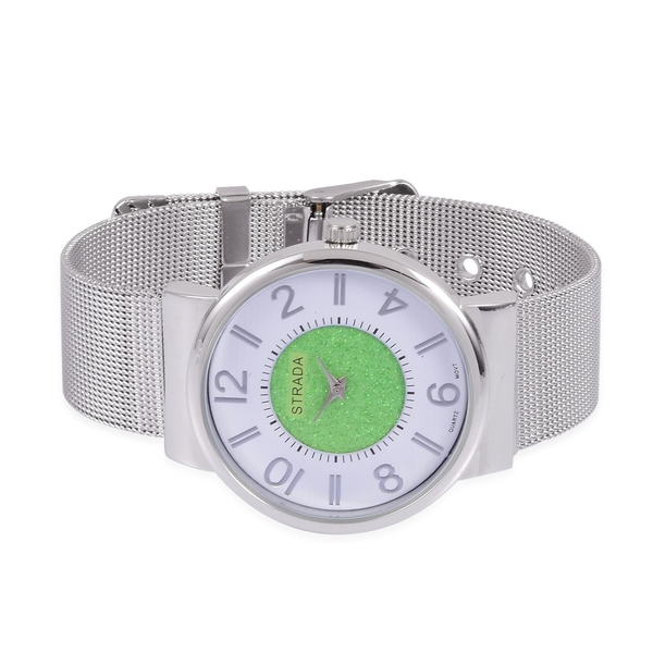 STRADA Japanese Movement Green Stardust and White Dial Water Resistant Watch in Silver Tone with Stainless Steel Back and Chain Strap