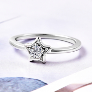 LucyQ Star Collection - Moissanite Star Solitaire Ring in Rhodium Overlay Sterling Silver