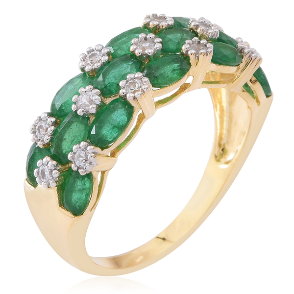 Limited Edition - 9K Y Gold AAA Kagem Zambian Emerald (Ovl), White Zircon Ring 4.000 Ct.