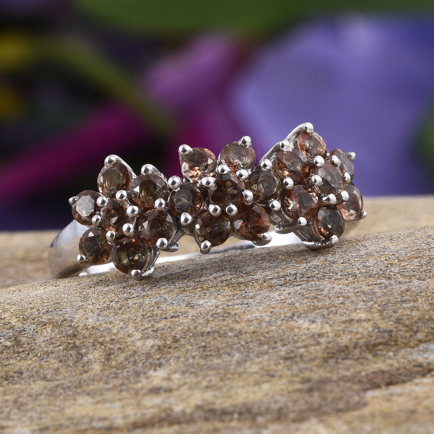 Jenipapo Andalusite (Rnd) Triple Floral Ring in Platinum Overlay Sterling Silver 1.750 Ct.