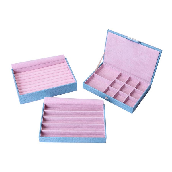 Three-Layer Jewellery Box with Light Pink Velvet Dust Cover on the Second and Third Layer (Size 24.5x17x12cm) - Turquoise