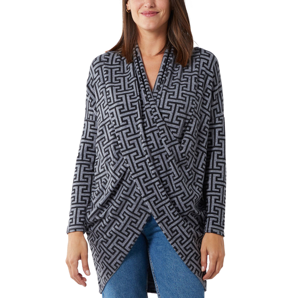 TAMSY Geometric Pattern Draped Neck Knitted Tunic (Size 75x65 Cm) - Black & Grey