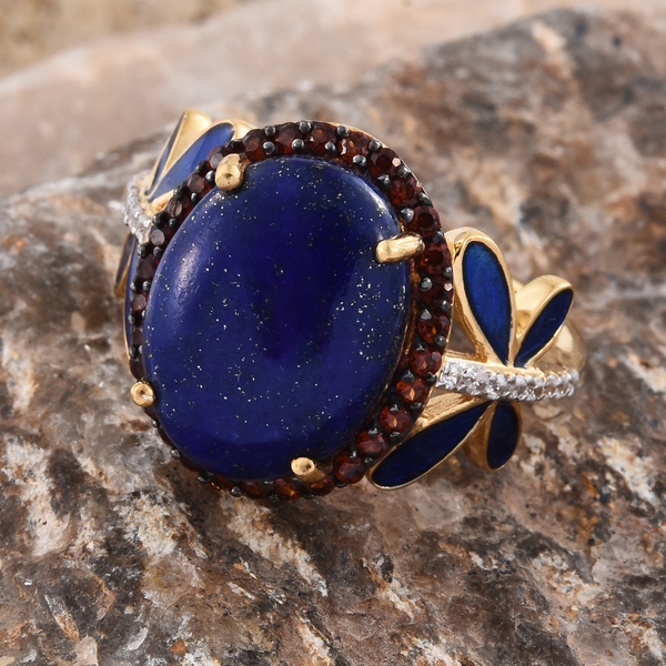 GP Lapis Lazuli (Ovl 8.60 Ct), Mozambique Garnet, Natural Cambodian Zircon and Kanchanaburi Blue Sapphire Enameled Ring in 14K Gold Overlay Sterling Silver 9.250 Ct. Silver wt 5.72 Gms.