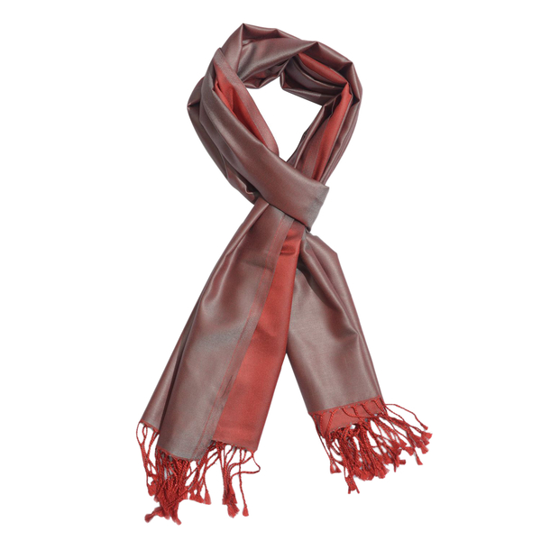 100% Superfine Silk Grey and Cherry Colour Jacquard Jamawar Scarf with Fringes (Size 180x70 Cm) (Weight 125- 140 Grams)