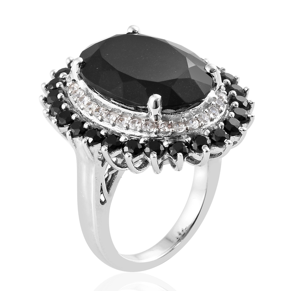 Black Tourmaline (Ovl 12.40 Ct), Boi Ploi Black Spinel, Natural Cambodian Zircon Ring in Platinum Overlay Sterling Silver 15.250 Ct, Silver wt 6.80 Gms.