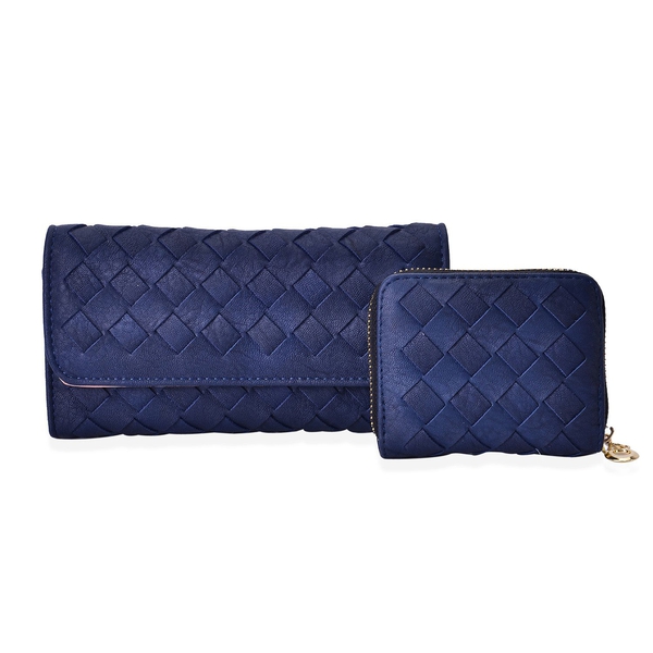 Celina Classic Navy Intrecciato Textured Wallet And Cardholder Set (Size 19x10x2.5 Cm and 10.5x8x2.5