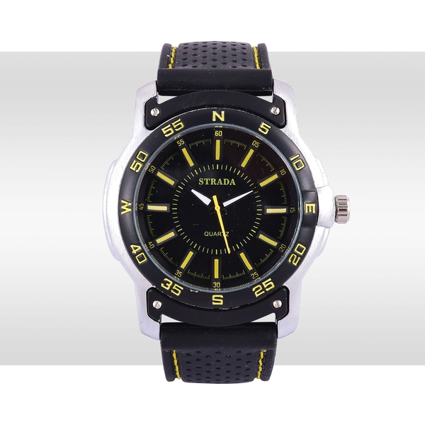STRADA Japanese Movement Black and Yellow Dial Water Resistant Watch in Silver Tone with Stainless Back and Black Silicone Strap