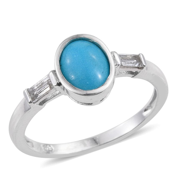Arizona Sleeping Beauty Turquoise (Ovl 1.00 Ct), White Topaz Solitaire Ring in Platinum Overlay Ster