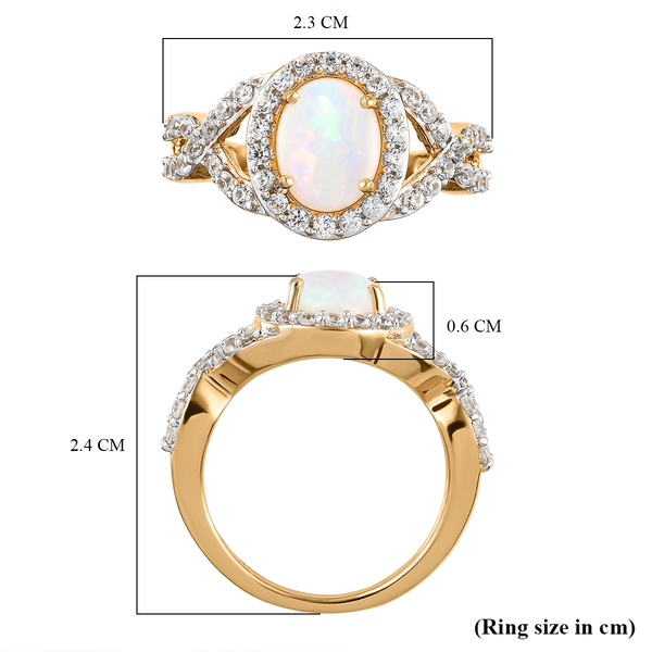 Wegeltena Ethiopian Welo Opal (Ovl 9x7mm) and Natural Cambodian Zircon Ring in 14K Gold Overlay Sterling Silver 2.08 Ct.