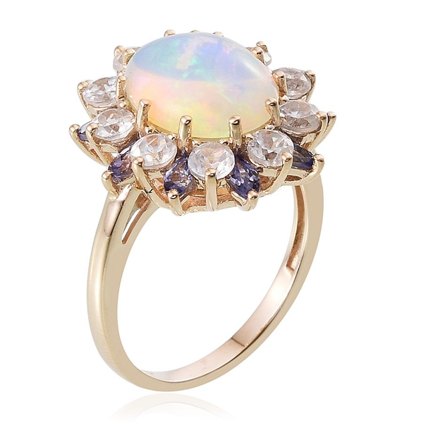 9K Y Gold Ethiopian Welo Opal (Ovl 2.50 Ct), Tanzanite and Natural Cambodian Zircon Ring 5.750 Ct.