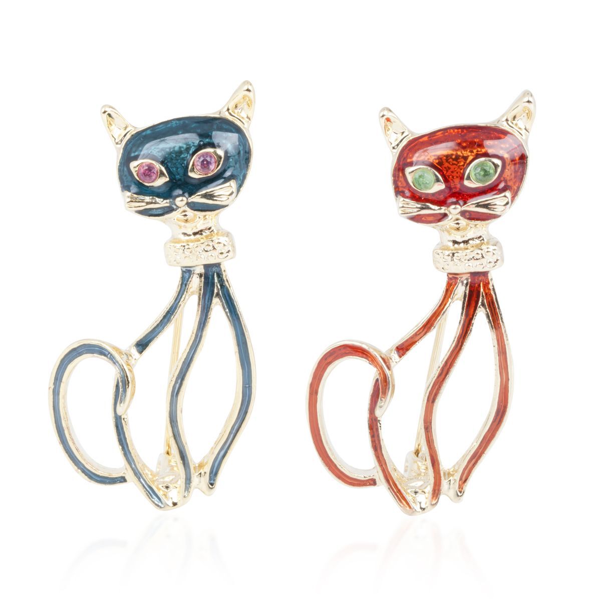 Set of 2 - Blue and Red Enameled Cat Shape Brooch with Gemstones