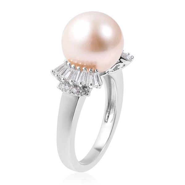 Edison Pearl (Rnd), Natural White Cambodian Zircon Ring in Rhodium Overlay Sterling Silver