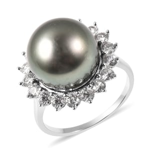 Tahitian Pearl and Natural Cambodian Zircon Halo Ring in Rhodium Overlay Sterling Silver