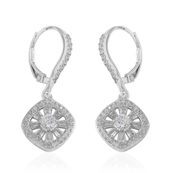 JCK Vegas Collection AAA Simulated Diamond (Rnd) Lever Back Earrings in Rhodium Plated Sterling Silv