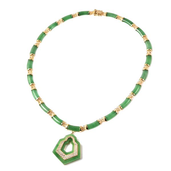 Green Jade and Natural Cambodian Zircon Necklace (Size 18) in Yellow Gold Overlay Sterling Silver 10