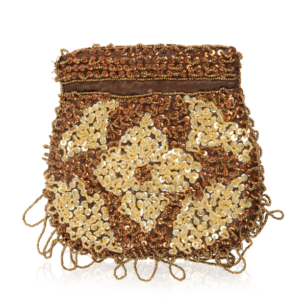 Yellow and Brown Colour Fortune Cookie Bag Made with Brocade and Sequin Work (Size 6x5 inch)