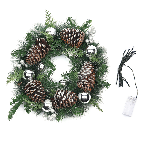 Decorative Christmas Wreath (45 Cm) Embellished with Silver Balls, Pine Cones and LED String Light Powered by 2xAA Battery (not included)