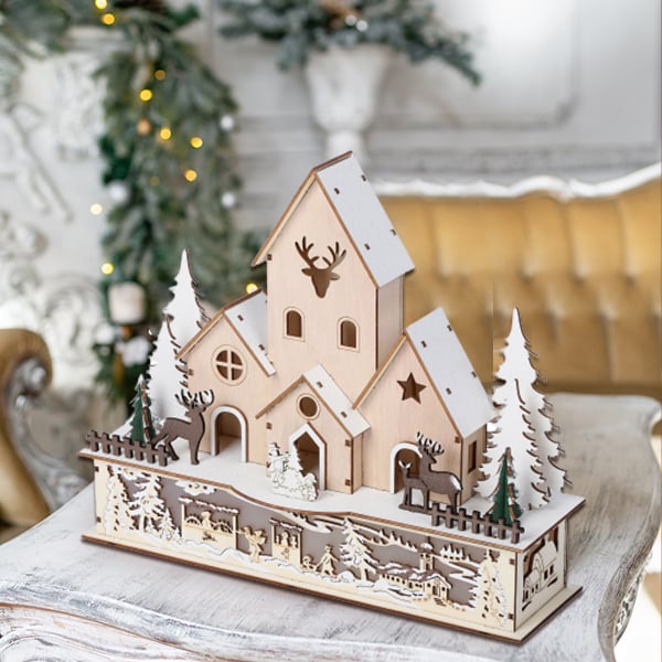 Christmas Decorative - Wooden House Scene with ChristmasTrees LED Lights  (Size 30x25x10 Cm) Requires 2AA Batteries (not Incld)