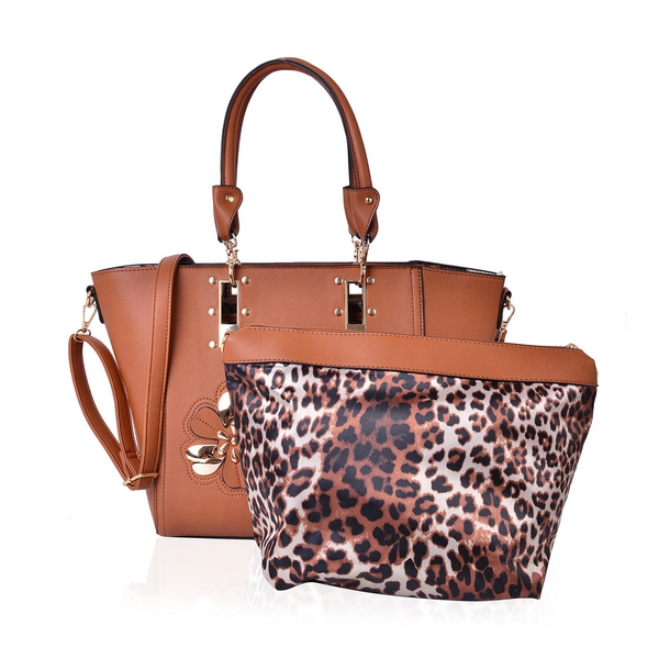 Set of 2 - Tan Colour Floral Design Handbag (Size 46X30X30X11 Cm) and Chocolate and Tan Colour Leopa