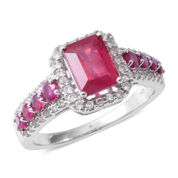 4.05 Ct African Ruby and Zircon Halo Ring in Rhodium Plated Silver