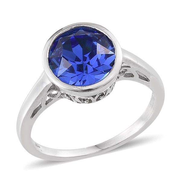 - Sapphire Colour Crystal (Rnd) Solitaire Ring in Platinum Overlay Sterling Silver 3.250 Ct.