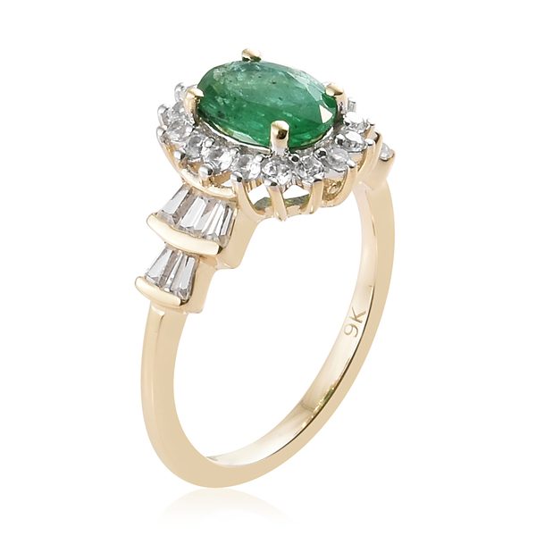 9K Yellow Gold AA Kagem Zambian Emerald (Ovl), Natural Cambodian Zircon Ring 2.000 Ct.