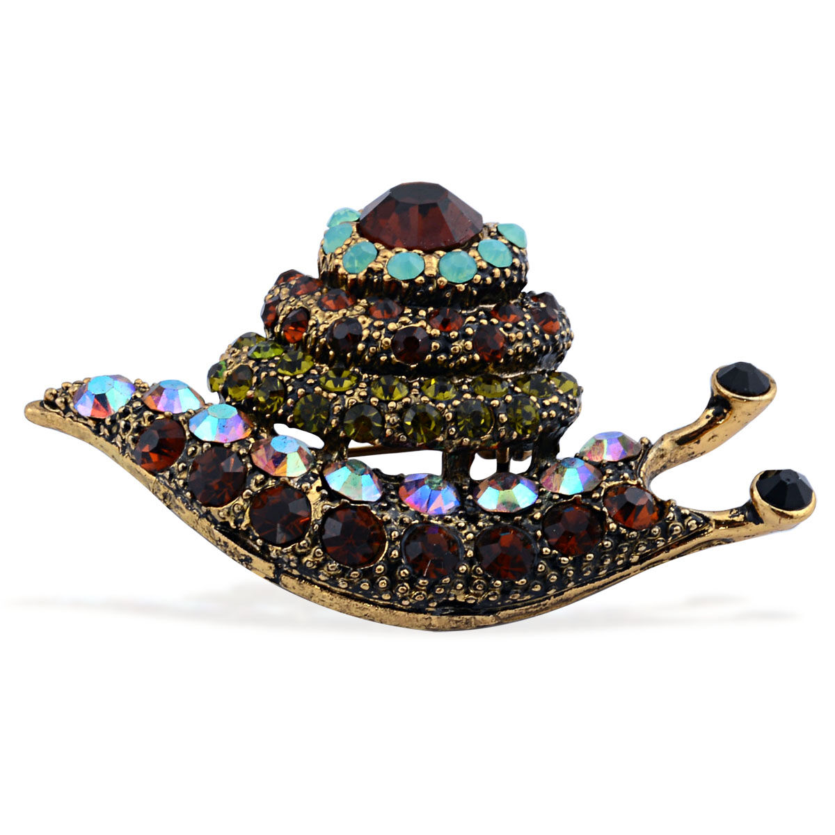 Brown Glass and Multi Colour Austrian Crystal Snail Brooch in Black Tone