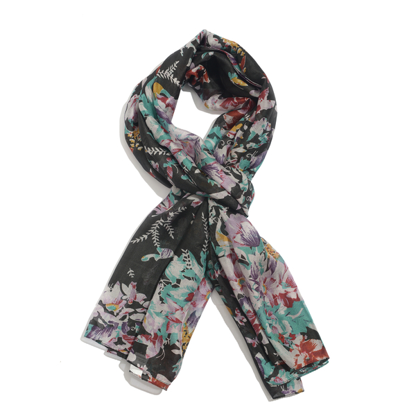 100% Mulberry Silk Floral and Butterfly Pattern Black, Brown and Multi Colour Scarf (Size 180x100 Cm