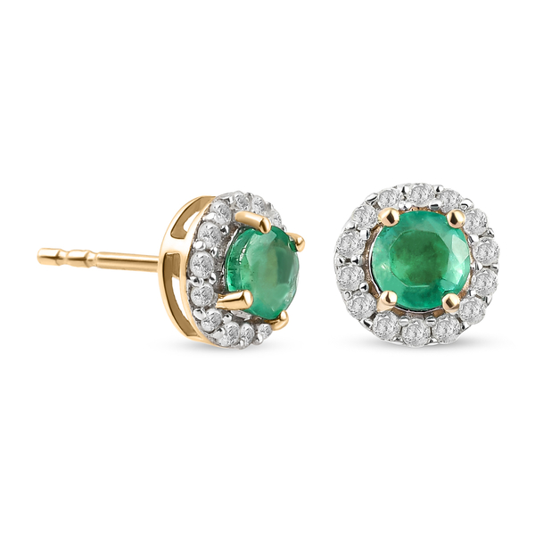 9K Yellow Gold AA Boyaca Colombian Emerald and Diamond Stud Earrings (With Push Back)