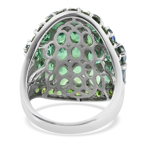 Peacock Quartz (Ovl), Chrome Diopside and Natural Cambodian Zircon Cluster Ring in Platinum Overlay Sterling Silver 15.000 Ct. Silver wt 7.80 Gms.