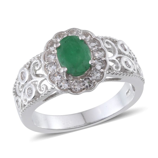 Kagem Zambian Emerald (Ovl 1.10 Ct), White Topaz Ring in Platinum Overlay Sterling Silver 1.750 Ct.
