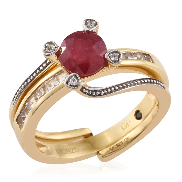 GP African Ruby (Rnd 1.62 Ct), White Topaz and Kanchanaburi Blue Sapphire 2 Ring Set in 14K Gold Ove