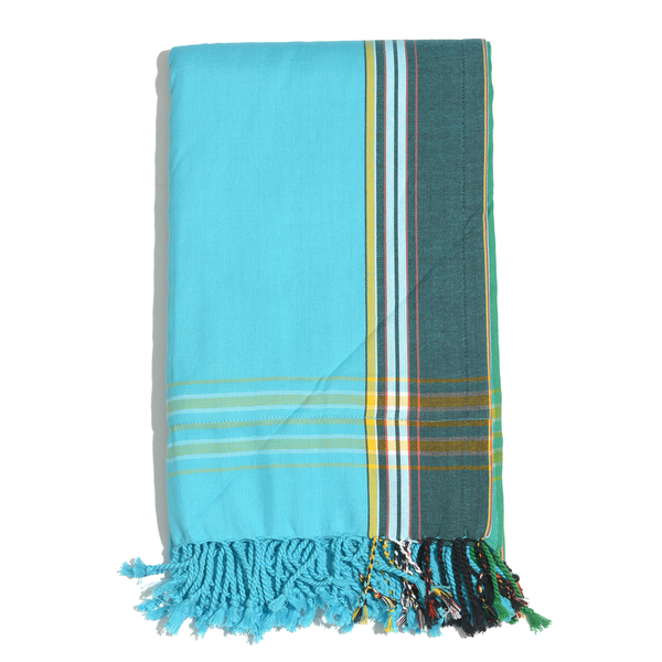 100% Cotton (Front) and 100% Polyester (Back) Turquoise with Blue Border Kikoy Towel (Size 160x90 Cm