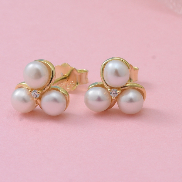 Freshwater Pearl and Simulated Diamond Stud Earrings (with Push Back) in Yellow Gold Overlay Sterling Silver